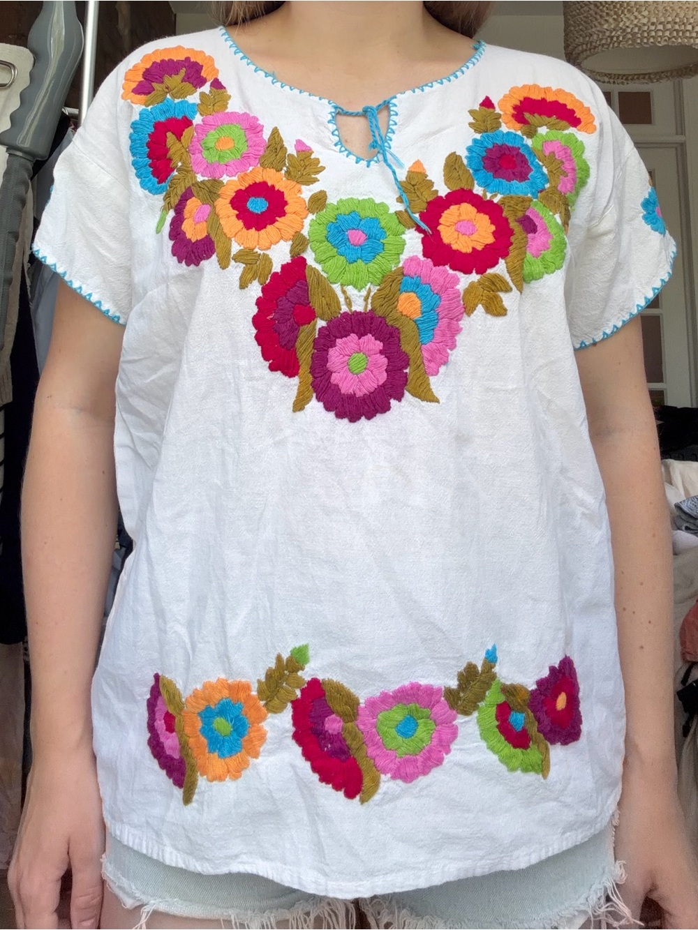 White Embroidered Floral Peasant Top — Multicolor Flowers